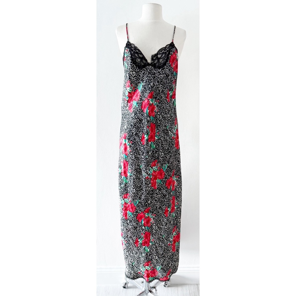 Vintage 90s Y2K Barbizon Red Hibiscus Floral Chemise Nightgown Maxi Dress